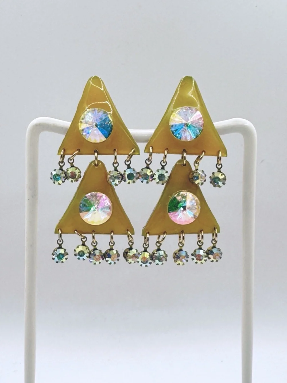 80s Vintage Yellow Resin Triangle‎ Drop Earrings with Holographic AB Crystals